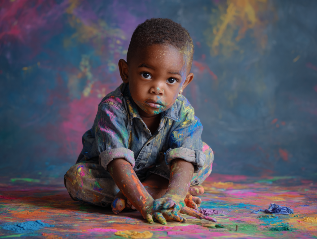 Calm child playing with colorful paint showing focus, emotional regulation, and integrated brain state