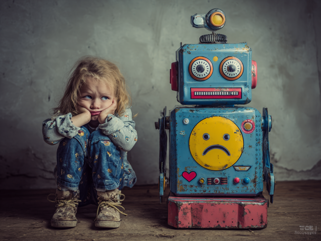 Child sitting next to a robot representing the contrast between emotional intelligence in children and artificial intelligence