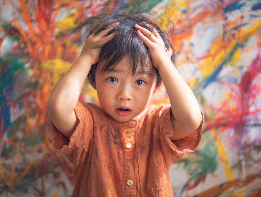 Child holding head in emotional overwhelm with chaotic colorful background representing brain disconnection and sensory overload