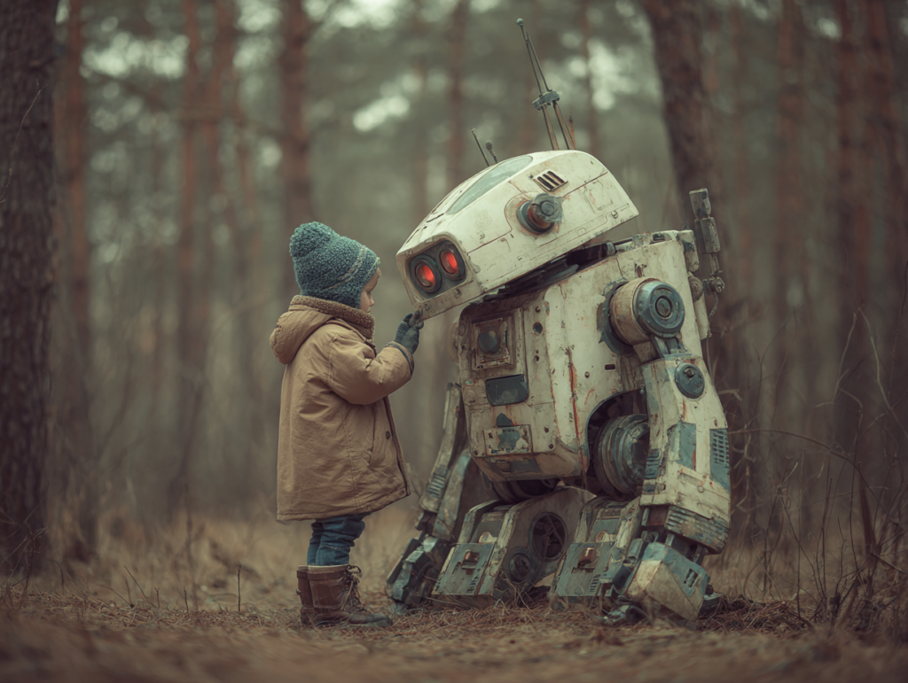 child interacting with a robot in a forest representing ai integrated into a child’s natural developmental environment