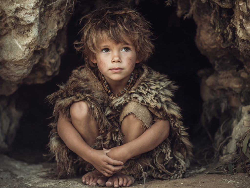 young child in a natural primitive environment representing early human development and growth without technology