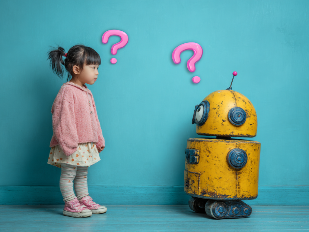 Child questioning a robot symbolizing AI echo chambers and developing awareness of how perception is shaped