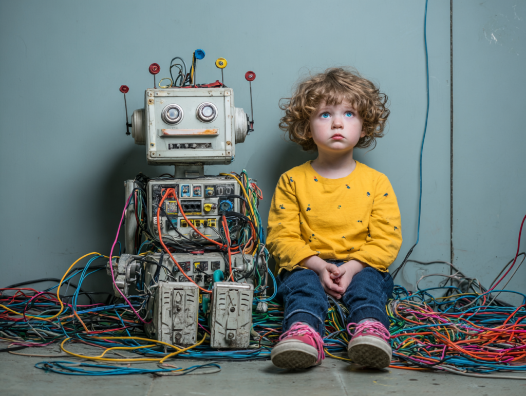child sitting next to a robot surrounded by wires representing ai as an environment shaping child development