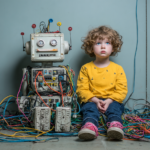 child sitting next to a robot surrounded by wires representing ai as an environment shaping child development