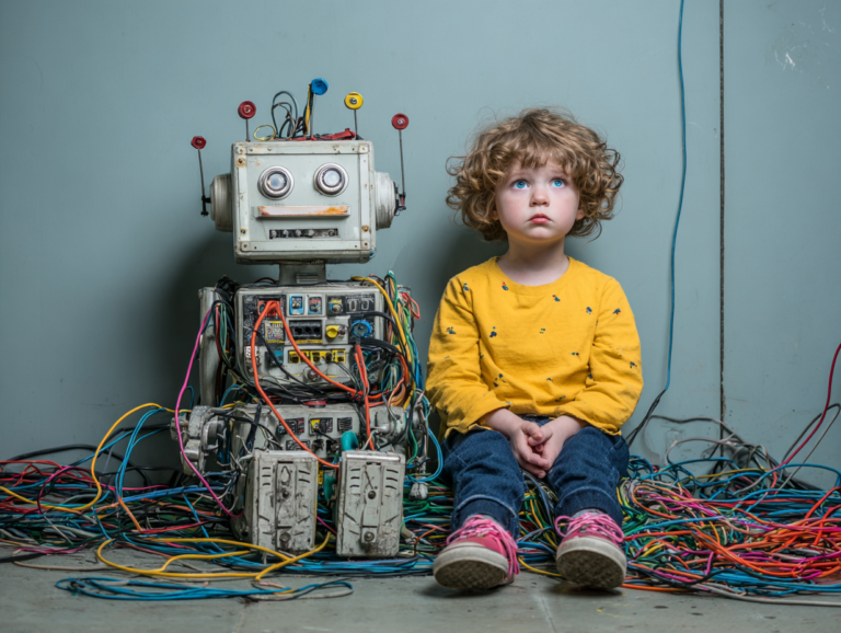 child sitting next to a robot surrounded by wires representing ai as an environment shaping child development