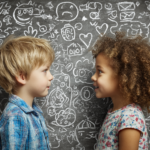 Two children facing each other with emotion drawings behind them symbolizing emotional intelligence and empathy development in childhood