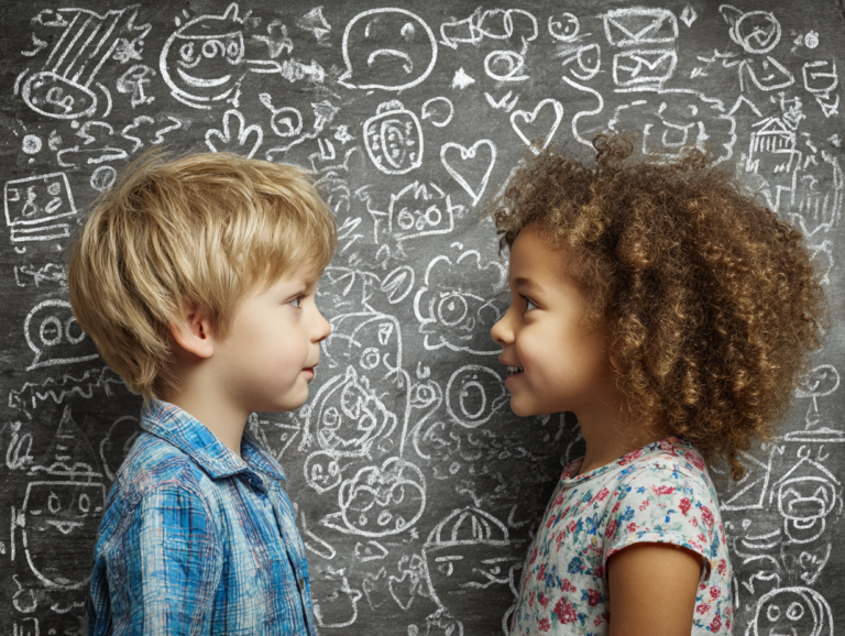 Two children facing each other with emotion drawings behind them symbolizing emotional intelligence and empathy development in childhood