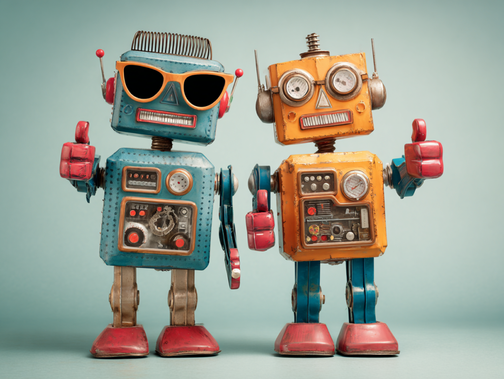 Two retro robots representing AI echo chambers shaping children’s perception of reality