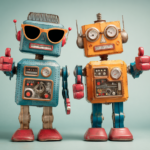 Two retro robots representing AI echo chambers shaping children’s perception of reality