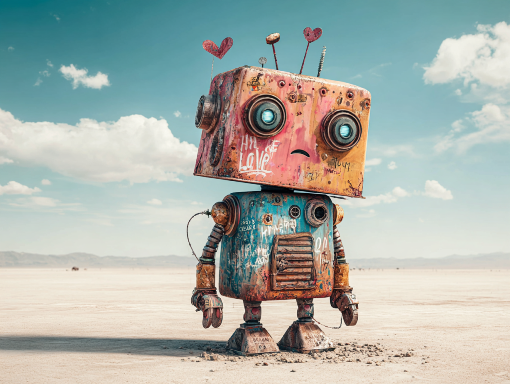 robot with heart symbols representing emotional ai and its influence on identity and child development