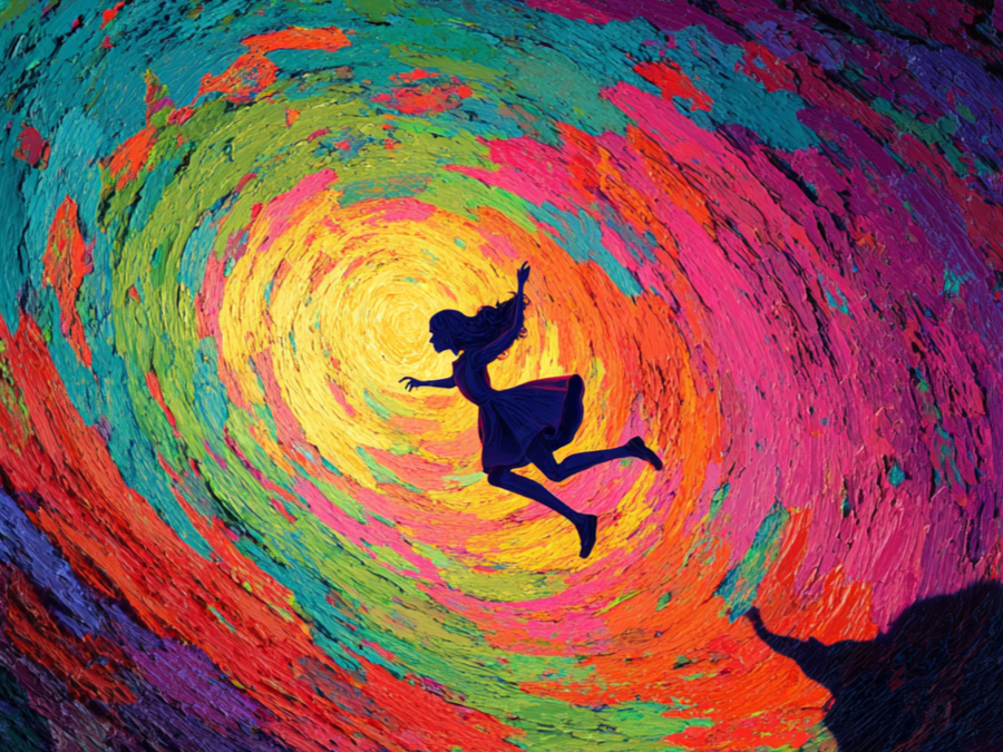 Child falling down a colorful rabbit hole symbolizing the psychological journey toward identity formation and self-discovery during childhood development