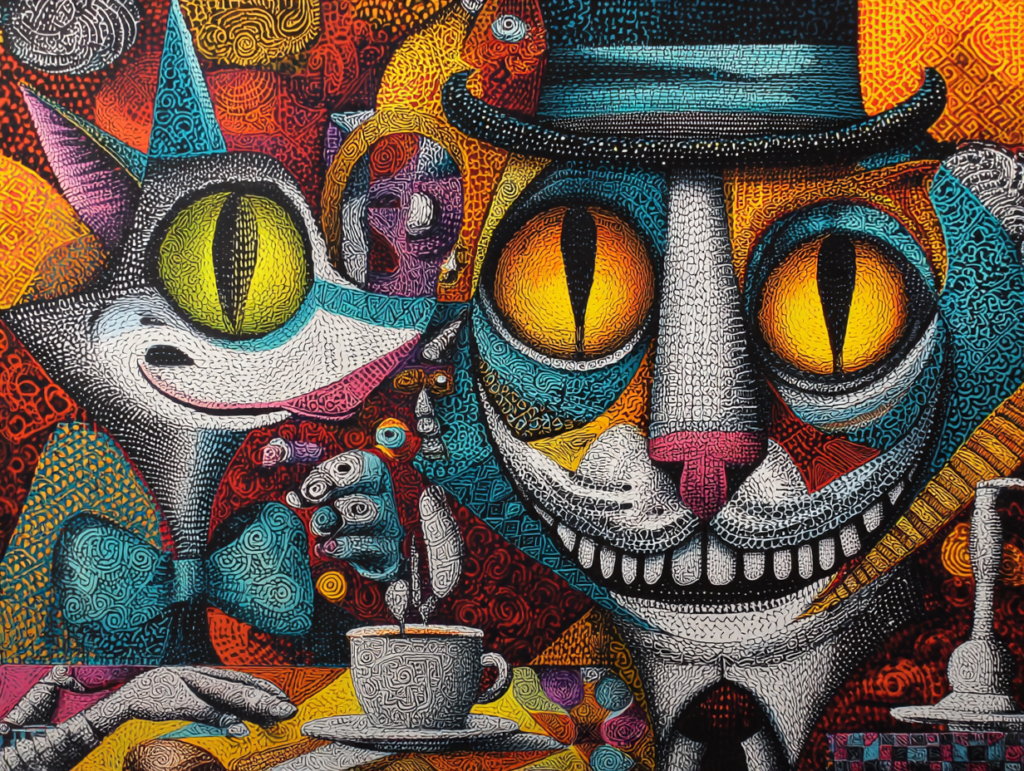 Artistic illustration of Alice and the Cheshire Cat representing curiosity and different perspectives in thinking