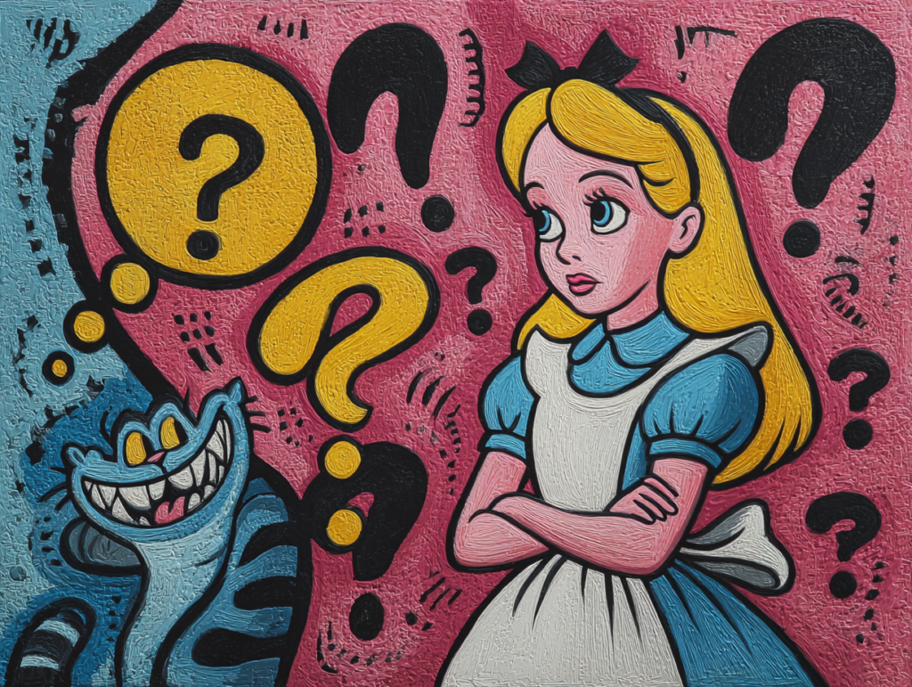 Alice in Wonderland with the Cheshire Cat surrounded by question marks, representing curiosity and the thinking skill of recontextualization