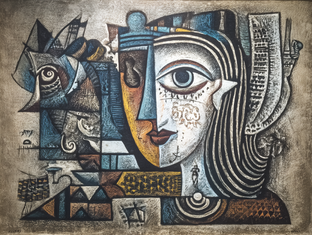 Abstract cubist-style face representing multiple perspectives, illustrating the concept of recontextualization and seeing the bigger picture
