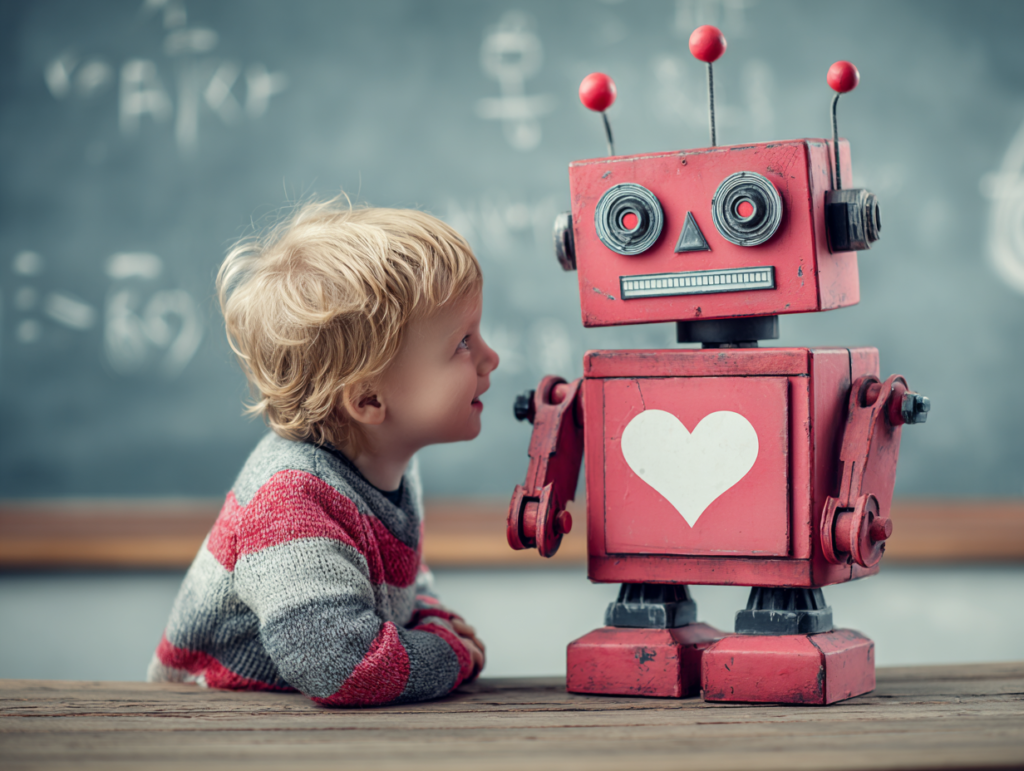 Child interacting with a friendly robot representing social and emotional learning in the age of artificial intelligence