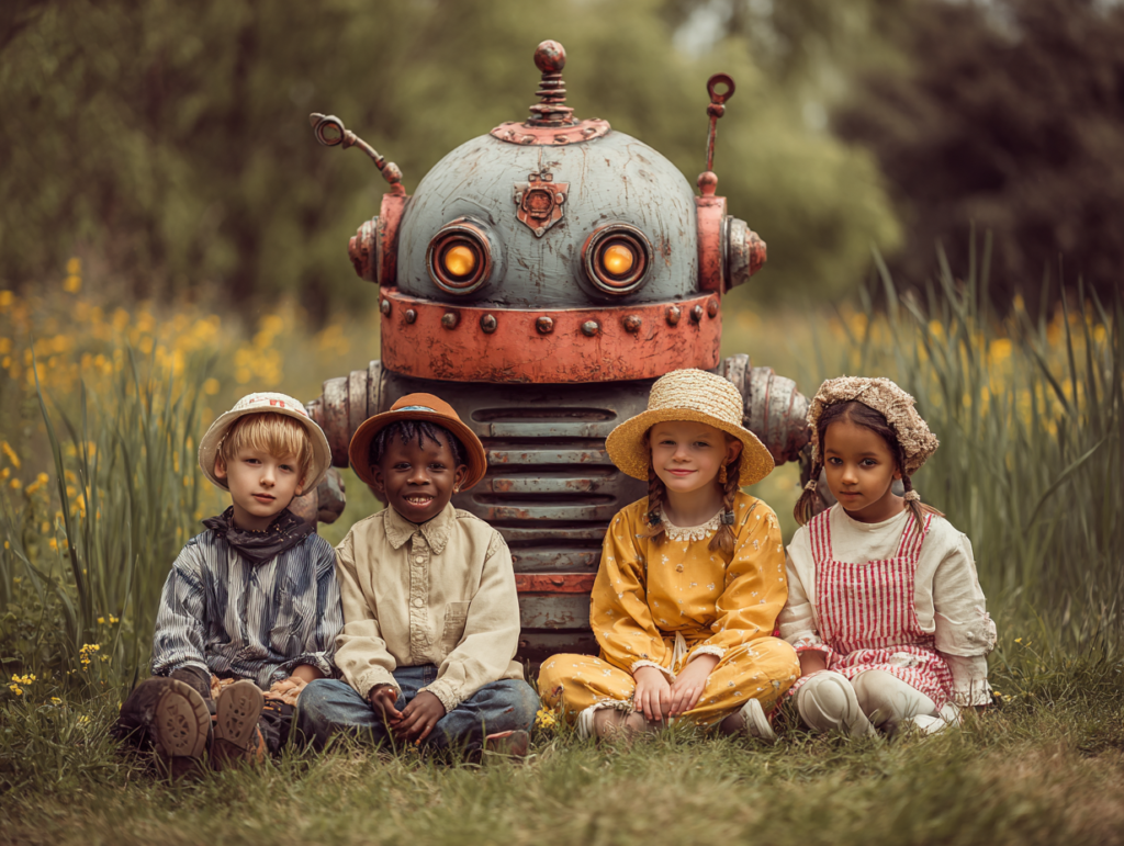 Children sitting with a friendly robot symbolizing social and emotional learning in an AI-assisted education environment