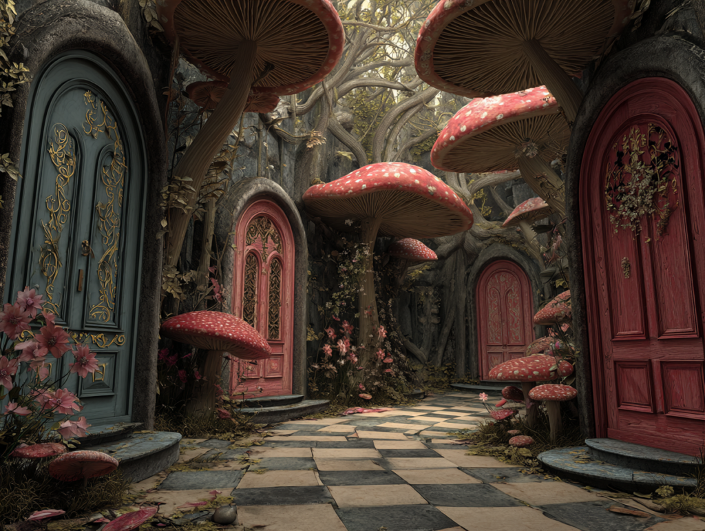 Surreal Wonderland landscape with large mushrooms and colorful doors symbolizing the confusing landscape of identity during childhood psychological development