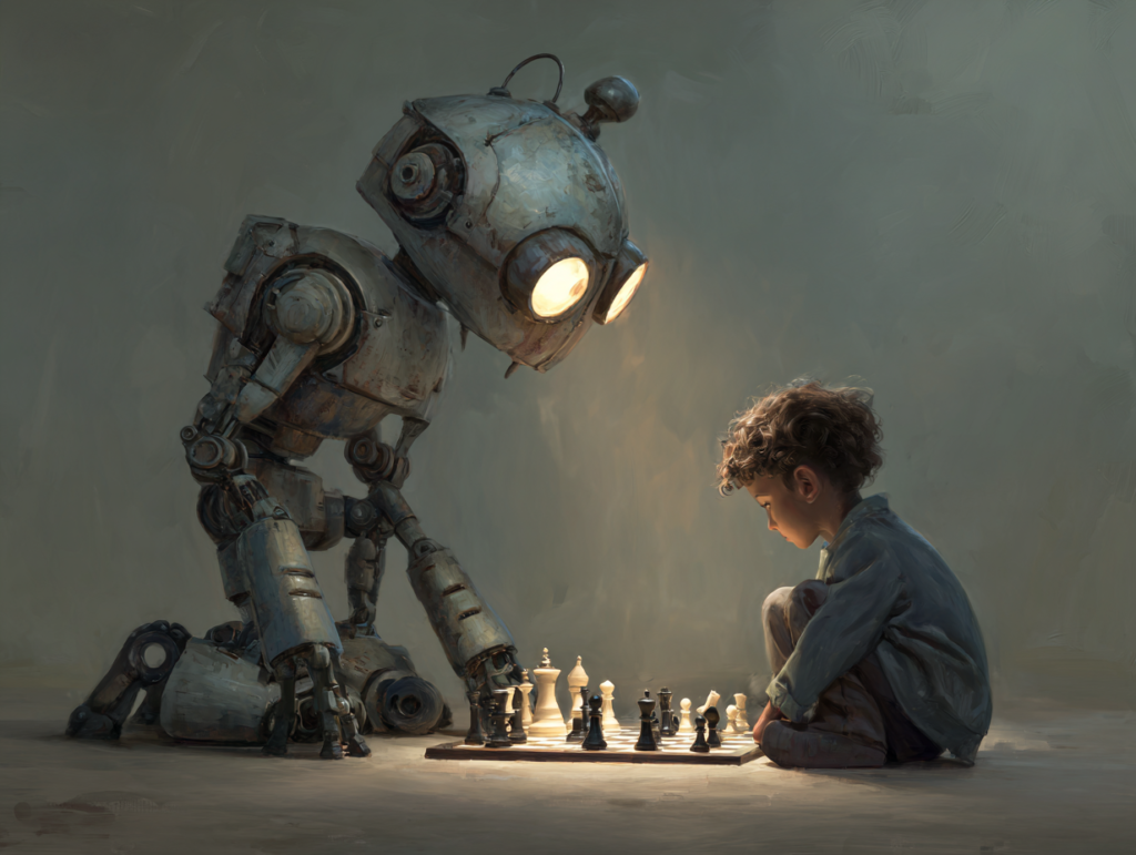 child playing chess with AI robot representing how neuroplasticity can be guided toward learning, problem solving, and positive brain development