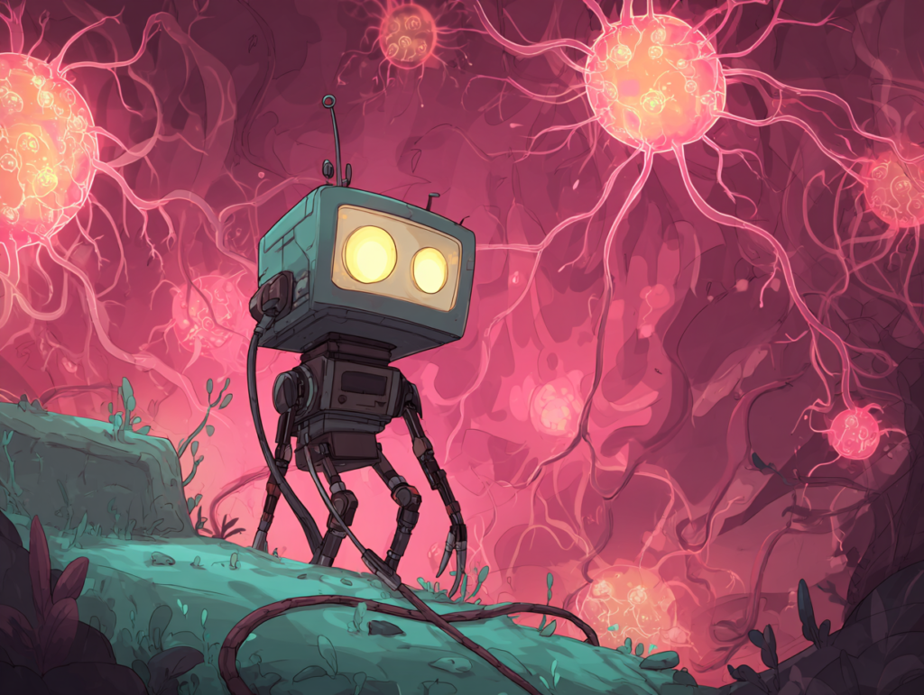illustration of AI robot interacting with glowing neural networks representing how artificial intelligence accelerates neuroplasticity and reinforces brain patterns in development