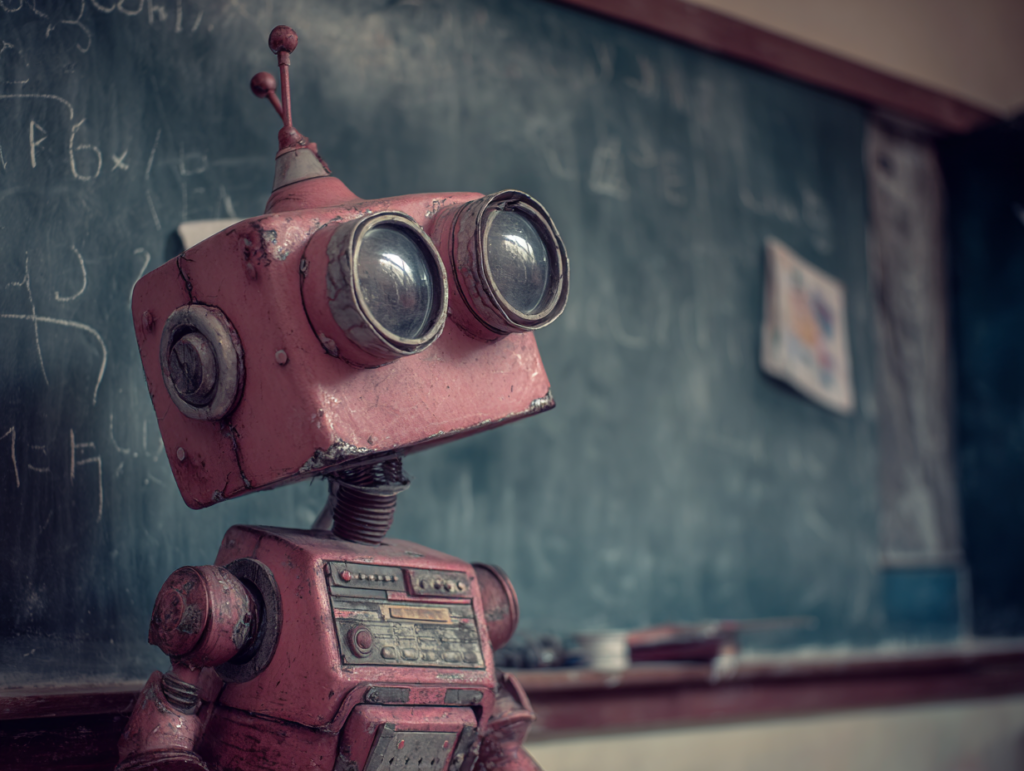 robot teacher in a classroom representing artificial intelligence in education and its impact on children’s learning