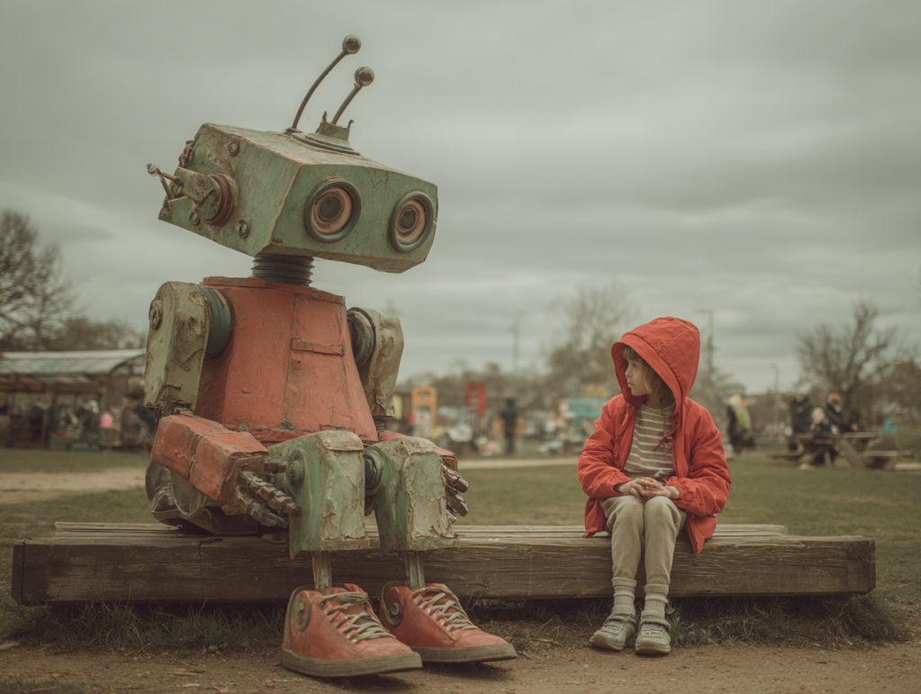 child sitting next to robot representing sensitive periods in development where interactions with environments like AI shape brain plasticity and learning patterns