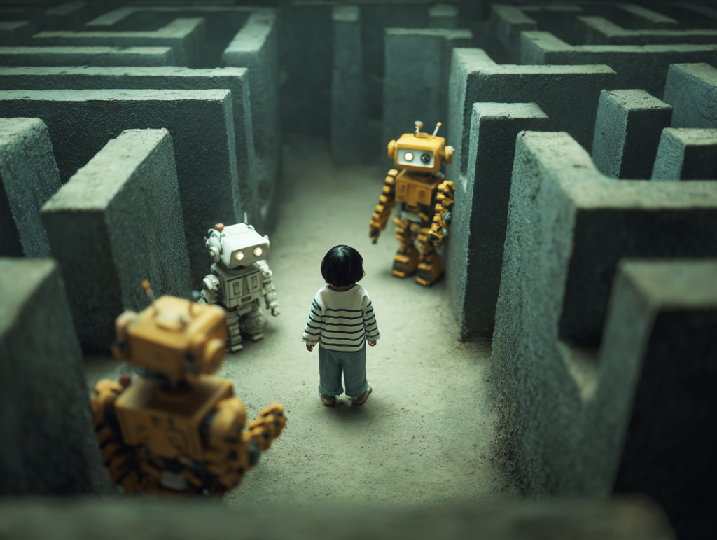child standing in a maze surrounded by robots representing AI environment and its influence on children’s thinking and decision making