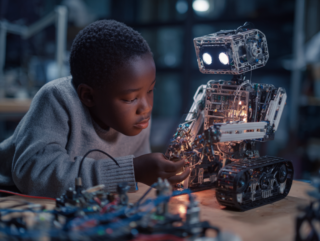 child interacting with and repairing a robot representing hands-on learning and child development with artificial intelligence