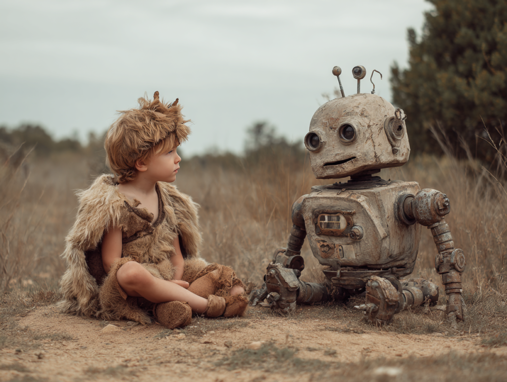 child sitting with a robot representing AI and child development, showing how artificial intelligence shapes children’s thinking and learning