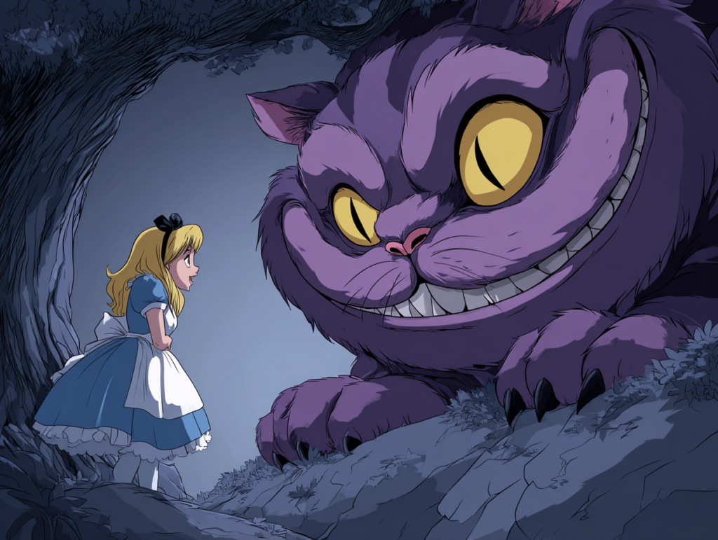 alice facing cheshire cat symbolizing constructive vs limiting models of reality in child development and interpretation