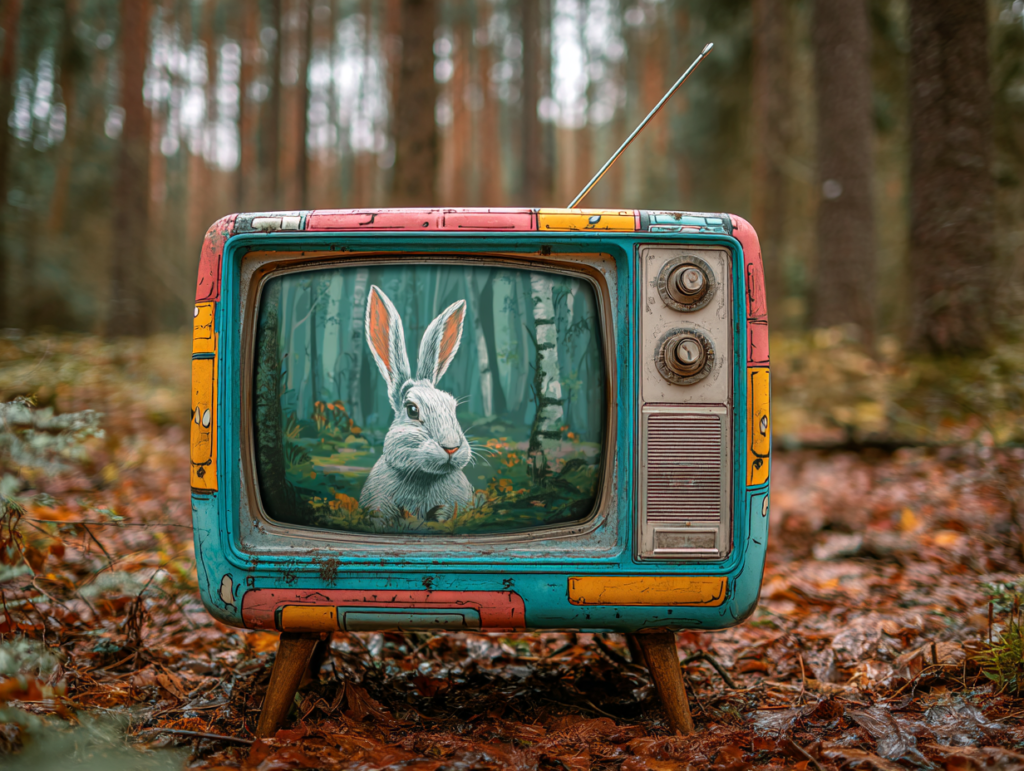 retro television in forest showing rabbit symbolizing how digital environments influence children’s models of reality and perception