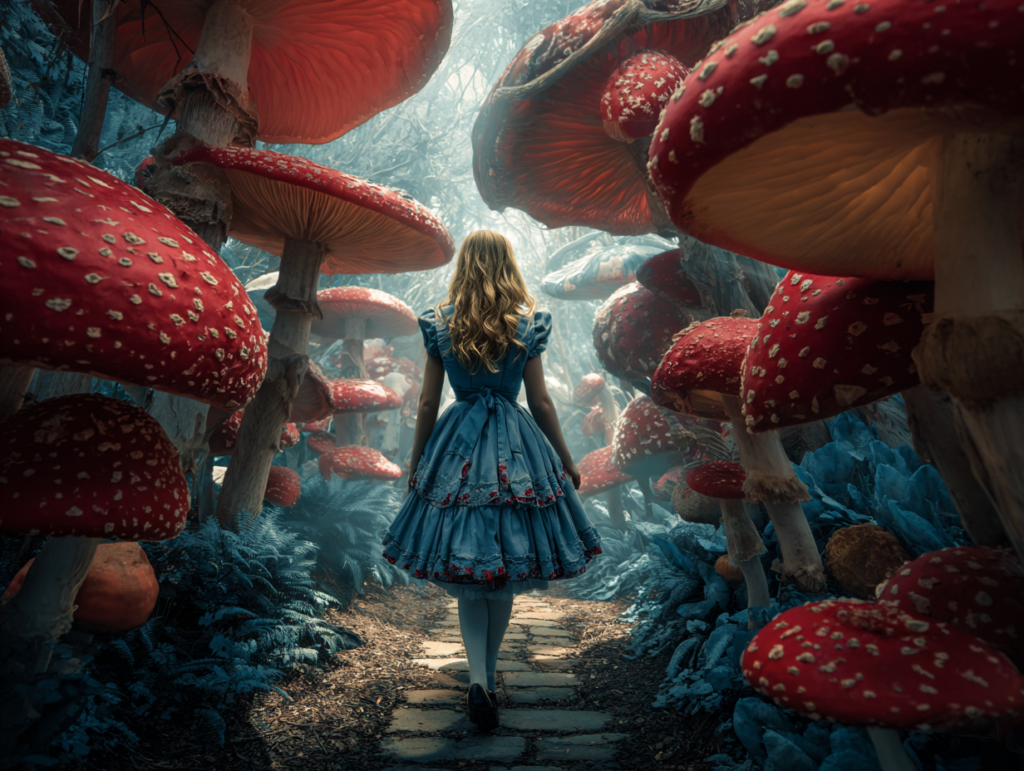 child walking through surreal mushroom forest representing how children construct models of reality and interpret the world
