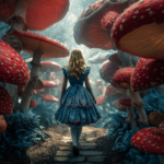 child walking through surreal mushroom forest representing how children construct models of reality and interpret the world