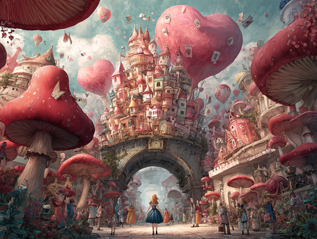 surreal alice in wonderland style city with giant mushrooms and floating elements representing how children build models of reality through experiences and environment