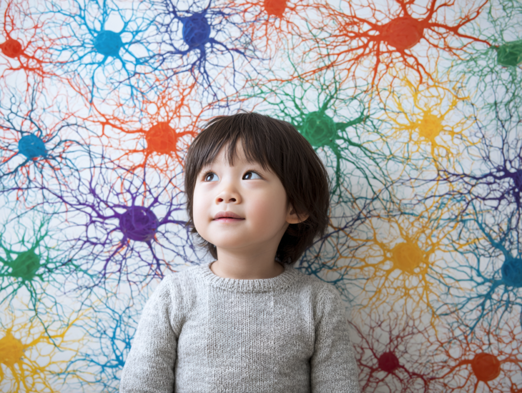 child representing neuroplasticity with colorful neural networks illustrating brain development and how repeated patterns shape thinking in AI environments