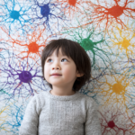 child representing neuroplasticity with colorful neural networks illustrating brain development and how repeated patterns shape thinking in AI environments