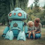 parent guiding child next to a robot symbolizing AI environment and its impact on children’s thinking and development