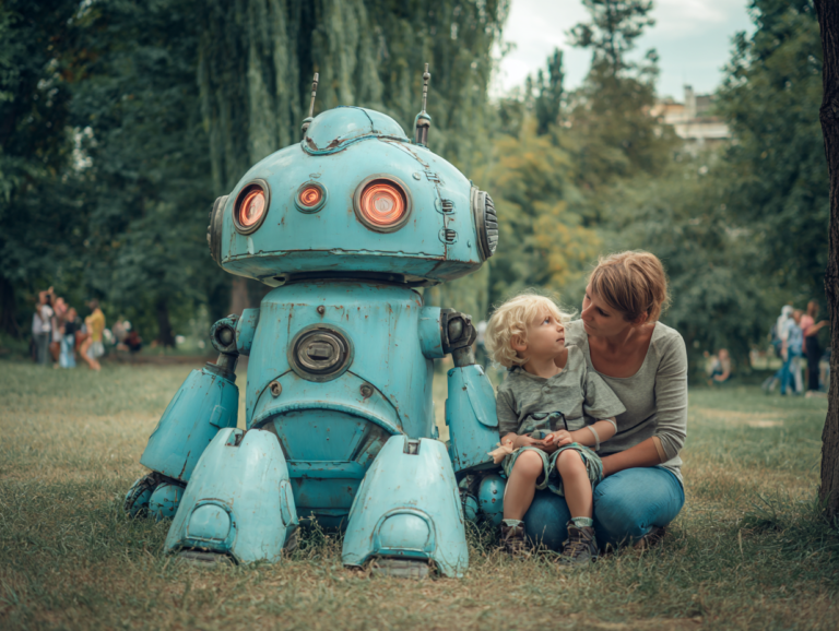 parent guiding child next to a robot symbolizing AI environment and its impact on children’s thinking and development