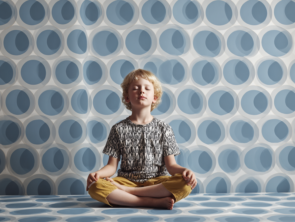 child sitting calmly in front of repeating pattern background representing how repeated experiences shape brain development and form traits through neuroplasticity
