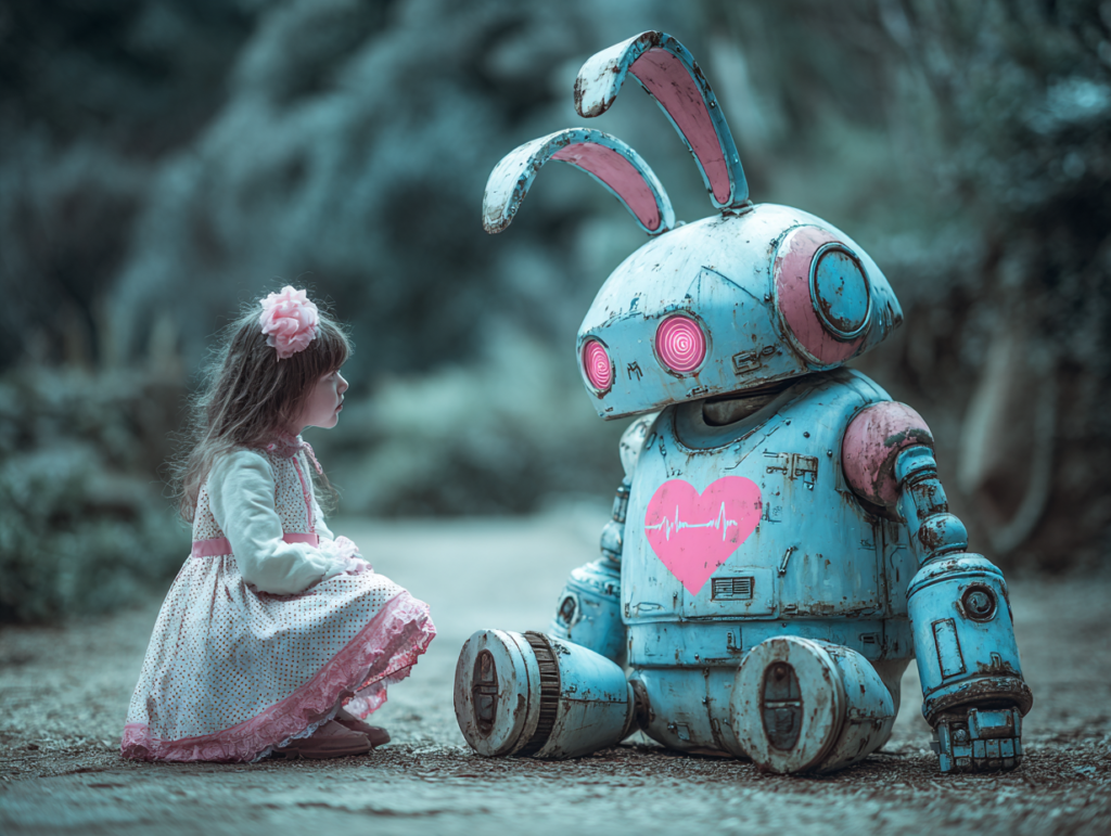 Young girl interacting with a symbolic AI robot representing childhood development, emotional connection, and artificial intelligence in modern digital environments